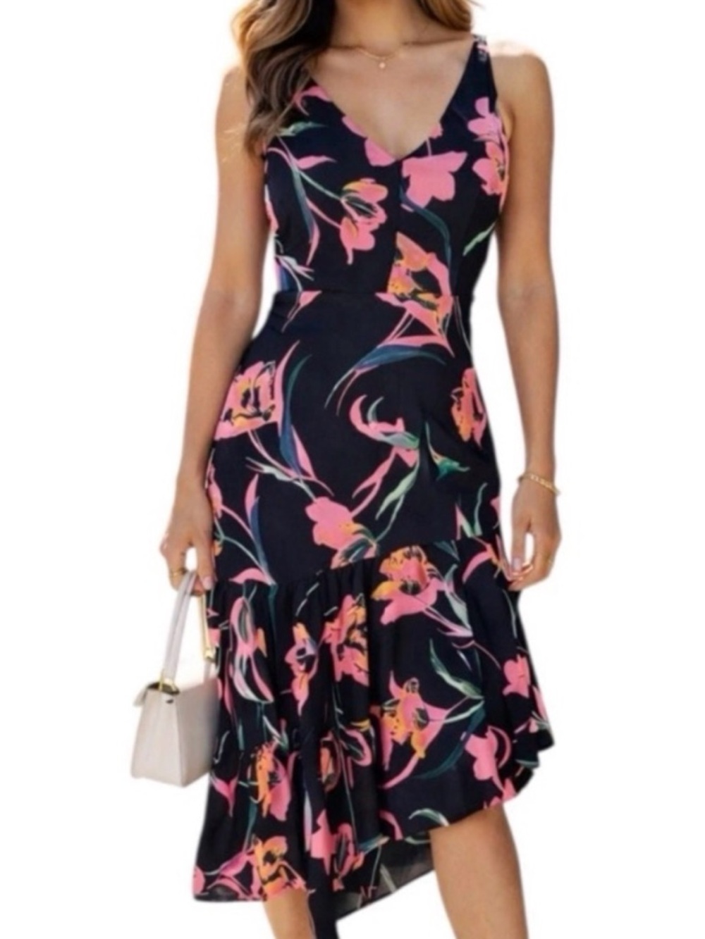 Milly Dress Womens 6 Black Floral V Neck Asymmetrical Hem Midi Romantic Spring